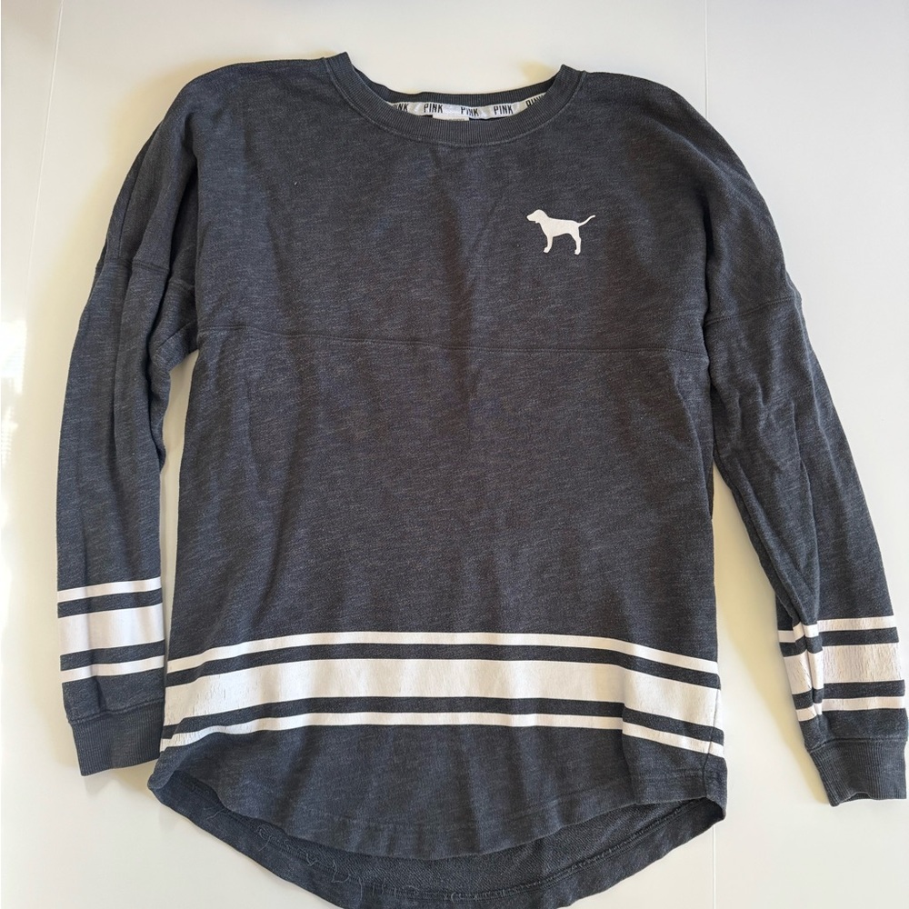 Victoria's Secret Charcoal Gray light weight Sweatshirt with White Stripes s - Picture 2 of 7